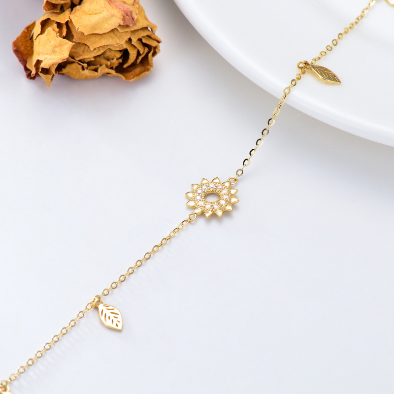 10K Gold Cubic Zirconia Leaves & Sunflower Charm Bracelet-4