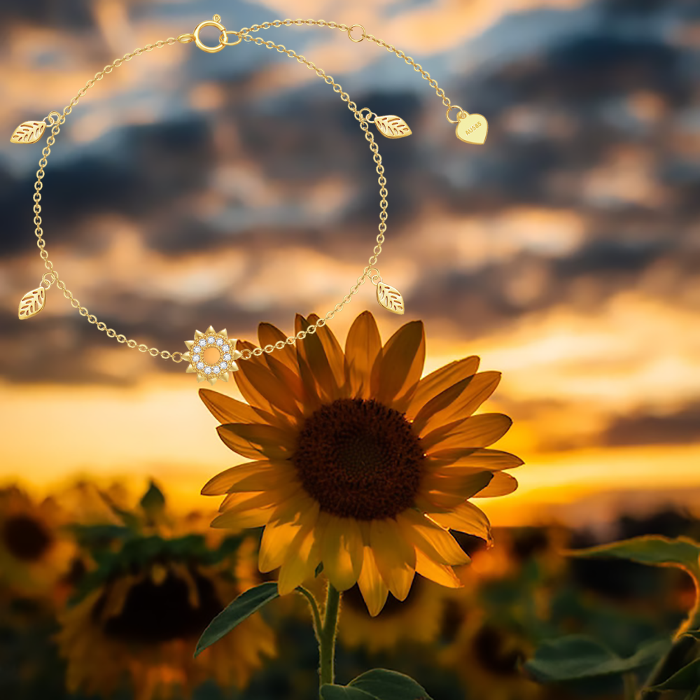 10K Gold Cubic Zirconia Leaves & Sunflower Charm Bracelet-5