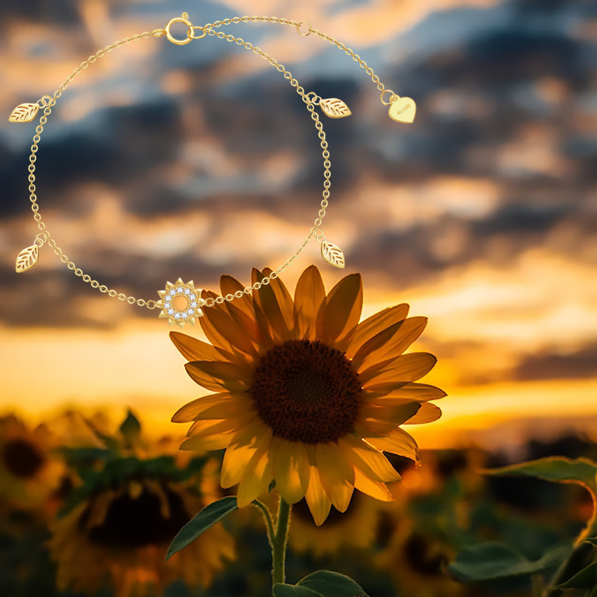 Bracelet en or 14K avec pendentif feuilles et tournesol en zircon cubique-5