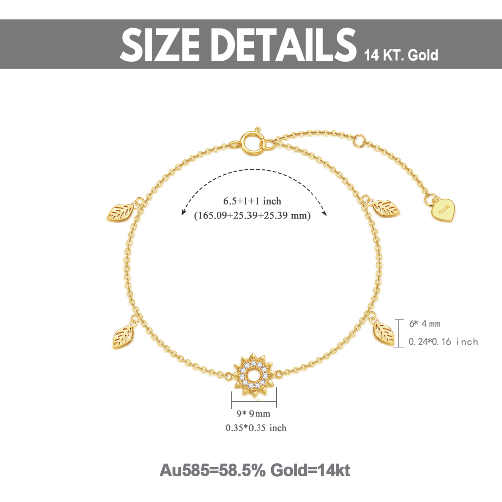 10K Gold Cubic Zirconia Leaves & Sunflower Charm Bracelet-6