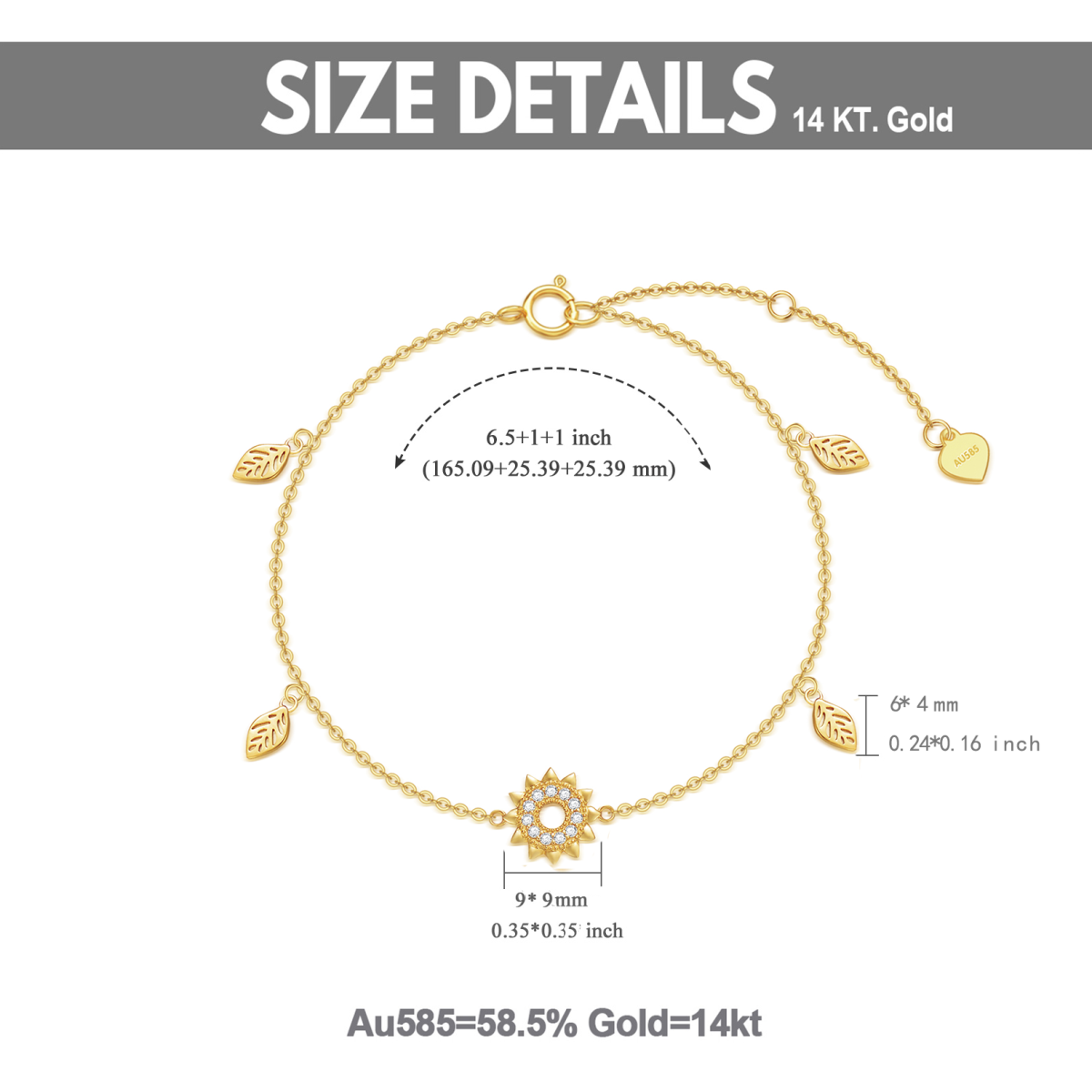 Bransoletka z 14-karatowego złota z cyrkoniami w kształcie liści i słonecznika-6