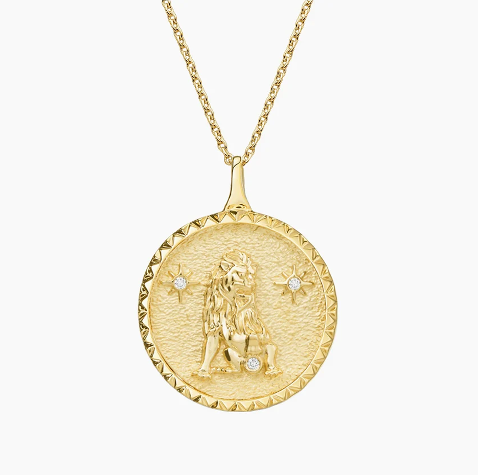 14K Gold Leo Zodiac Sign Diamond Medallion Pendant Necklace-1