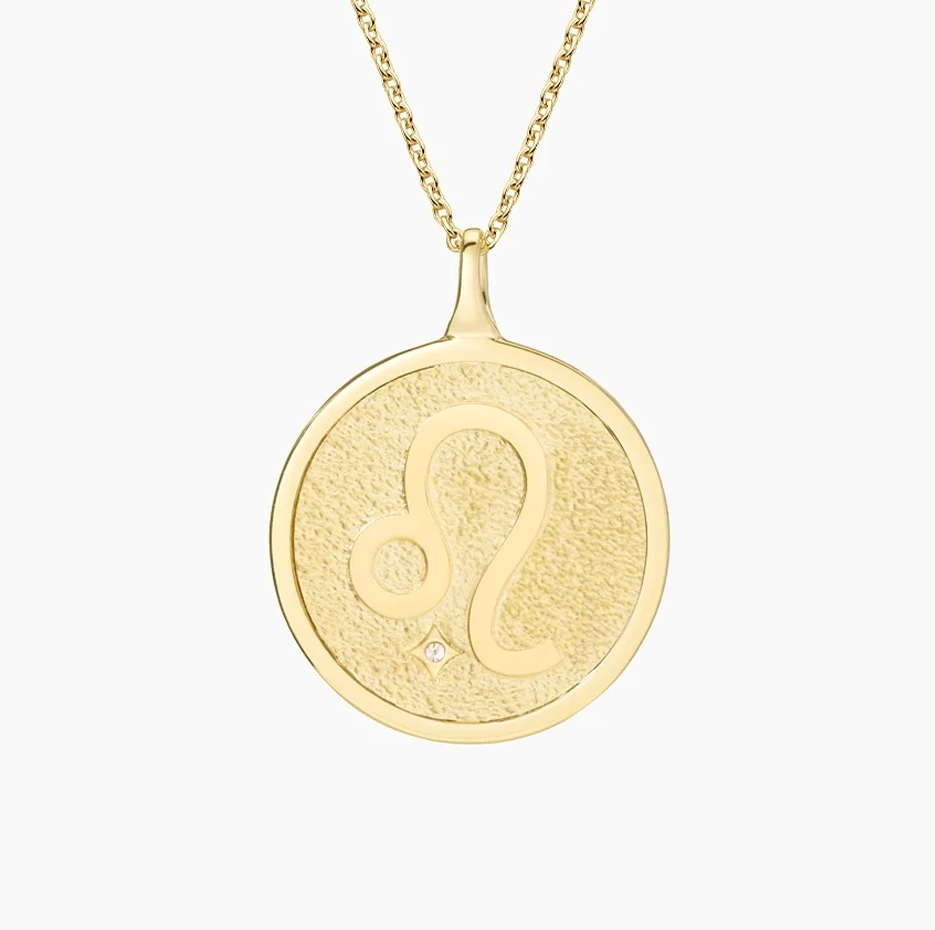 14K Gold Leo Zodiac Sign Diamond Medallion Pendant Necklace-3