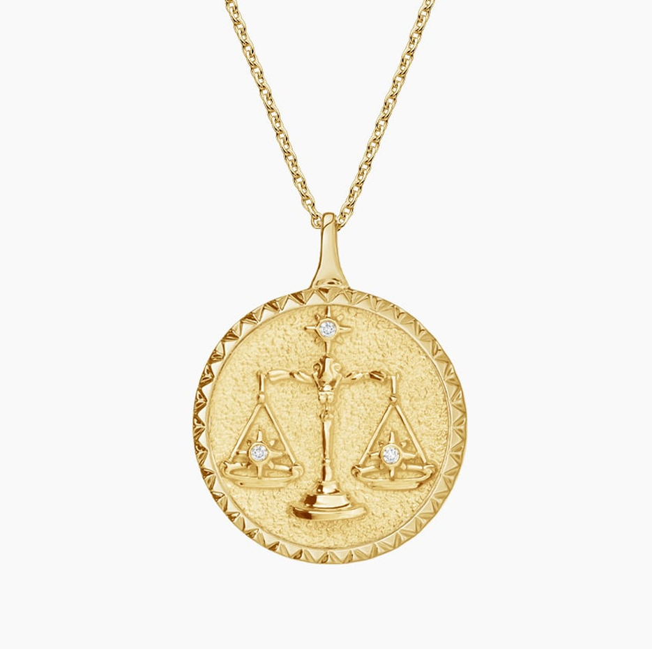 14K Gold Libra Zodiac Sign Diamond Medallion Pendant Necklace-1