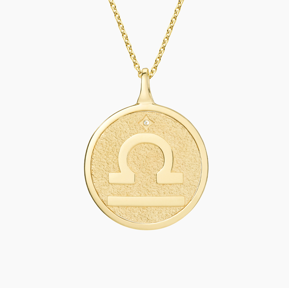 14K Gold Libra Zodiac Sign Diamond Medallion Pendant Necklace-3