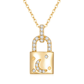 14K Gold Cubic Zirconia Lock Pendant Necklace-4