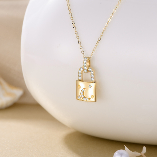 14K Gold Cubic Zirconia Lock Pendant Necklace-4