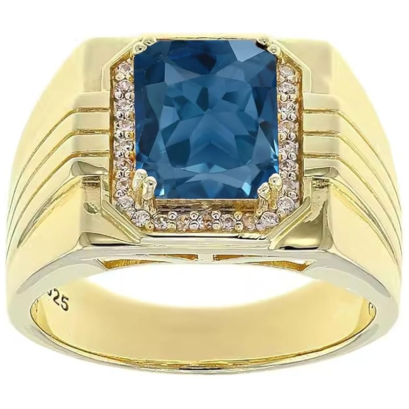 Anillo de compromiso personalizado para hombre en oro de 14 quilates con topacio azul de Londres y halo de diamantes de talla esmeralda-1