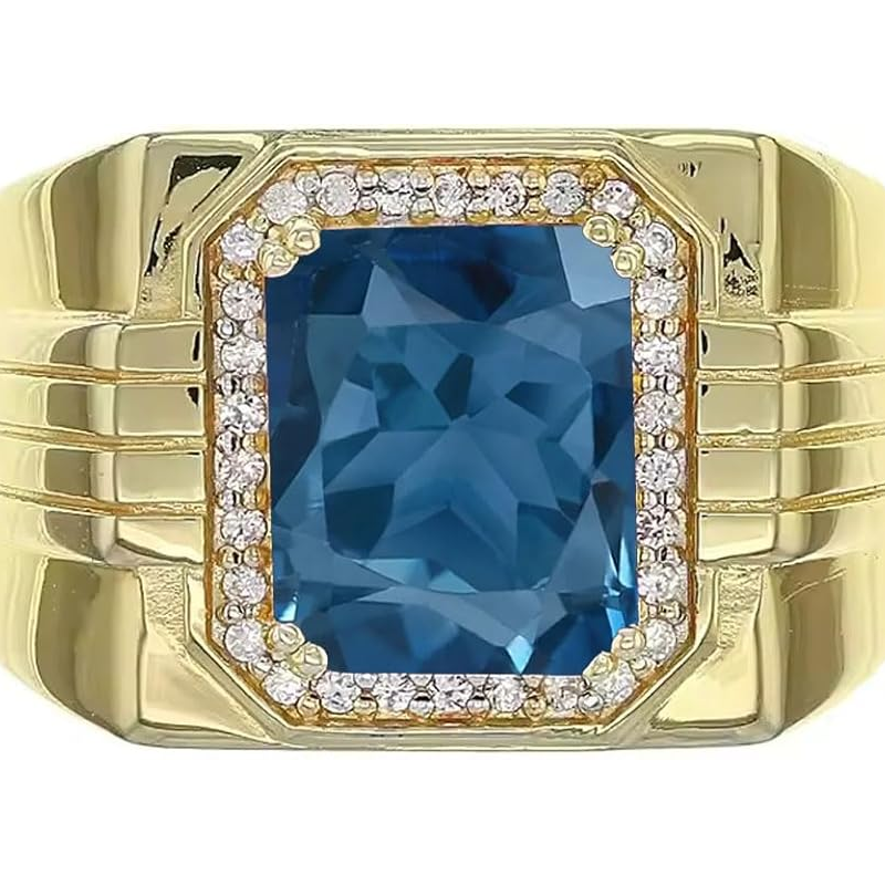 Anillo de compromiso personalizado para hombre en oro de 14 quilates con topacio azul de Londres y halo de diamantes de talla esmeralda-2