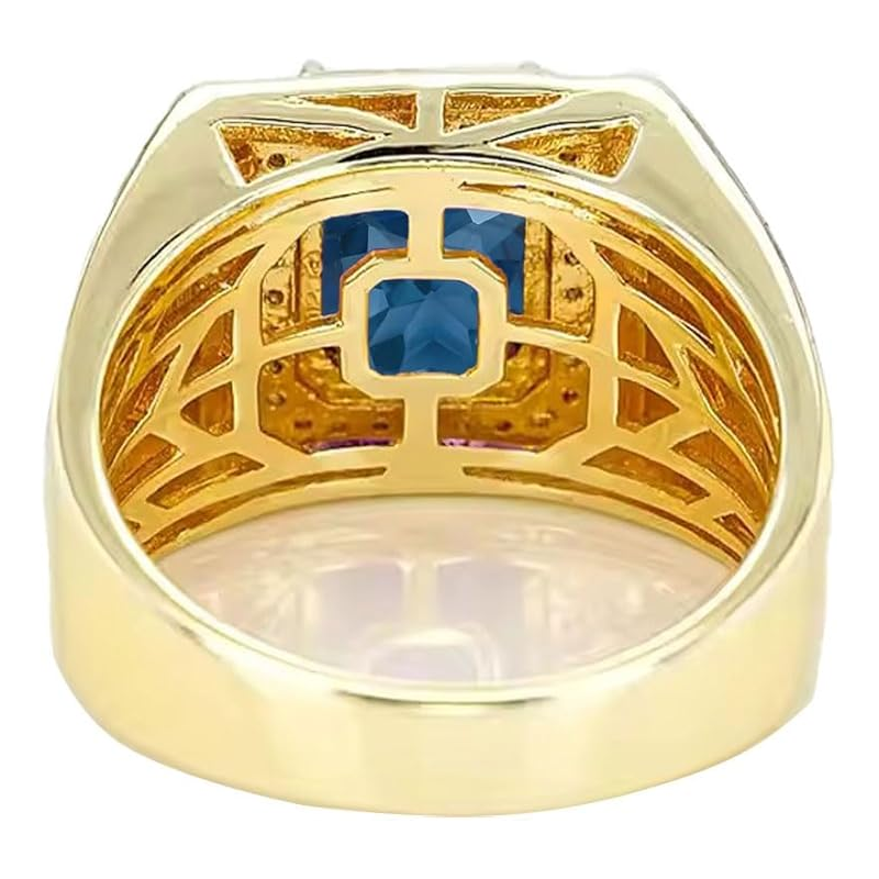 Anillo de compromiso personalizado para hombre en oro de 14 quilates con topacio azul de Londres y halo de diamantes de talla esmeralda-3