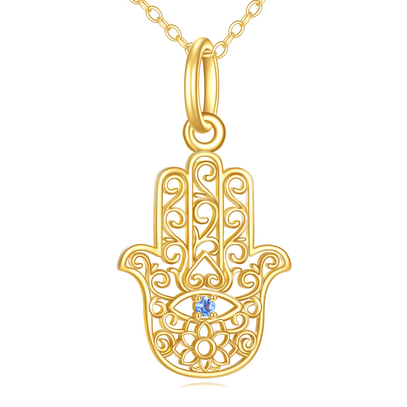 Colar com pingente de mão de lótus Hamsa de zircônia cúbica de ouro 10K-4