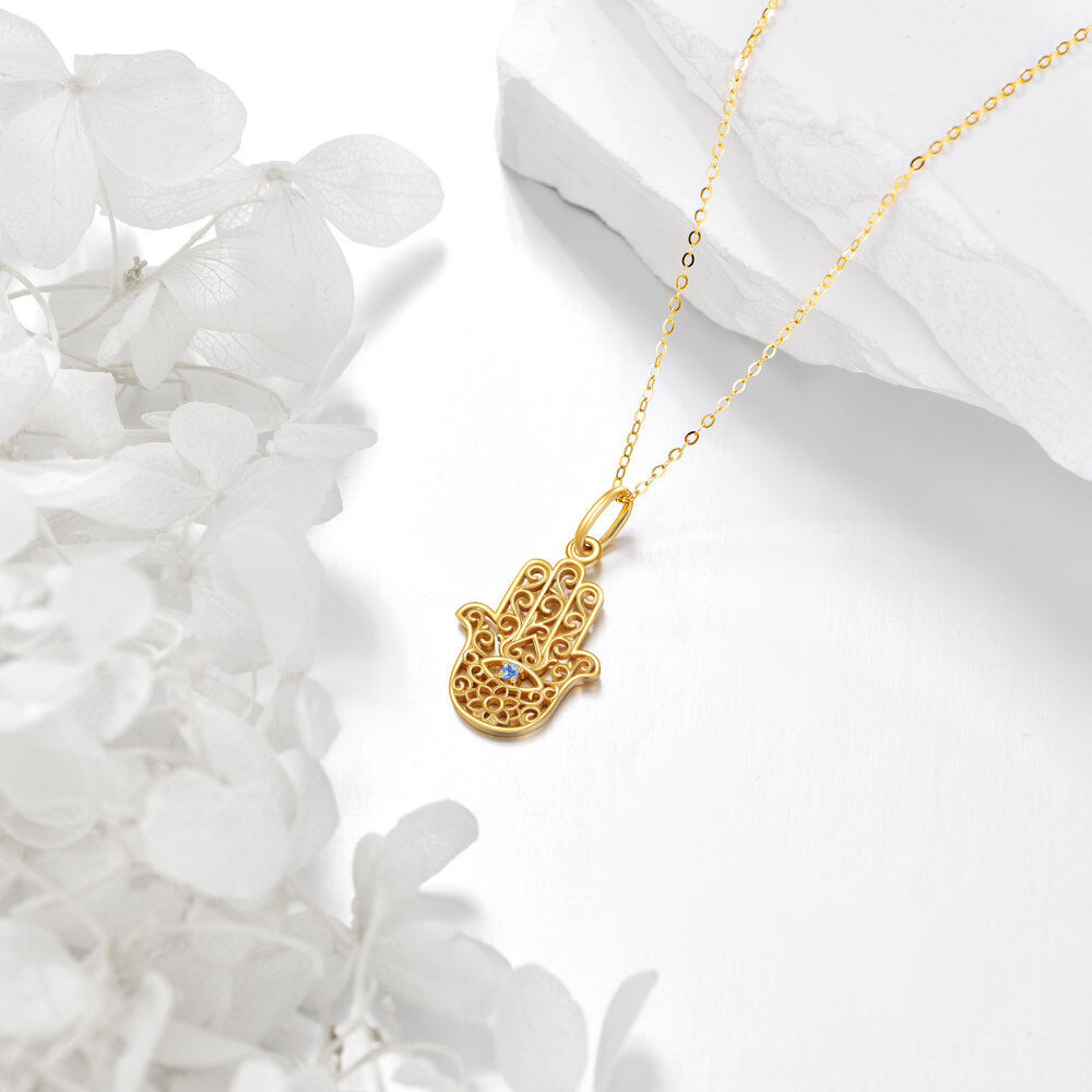 10K Gold Cubic Zirconia Lotus & Hamsa Hand Pendant Necklace-3