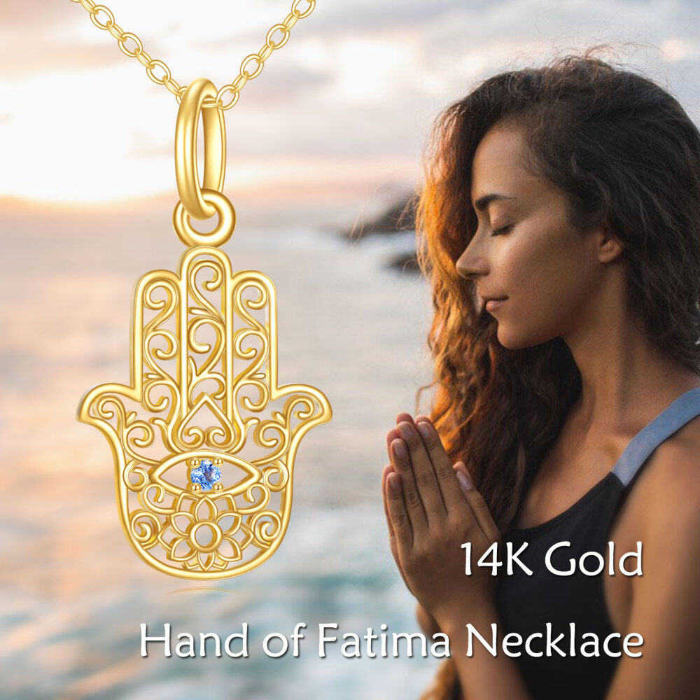 10K Gold Cubic Zirconia Lotus & Hamsa Hand Pendant Necklace-6
