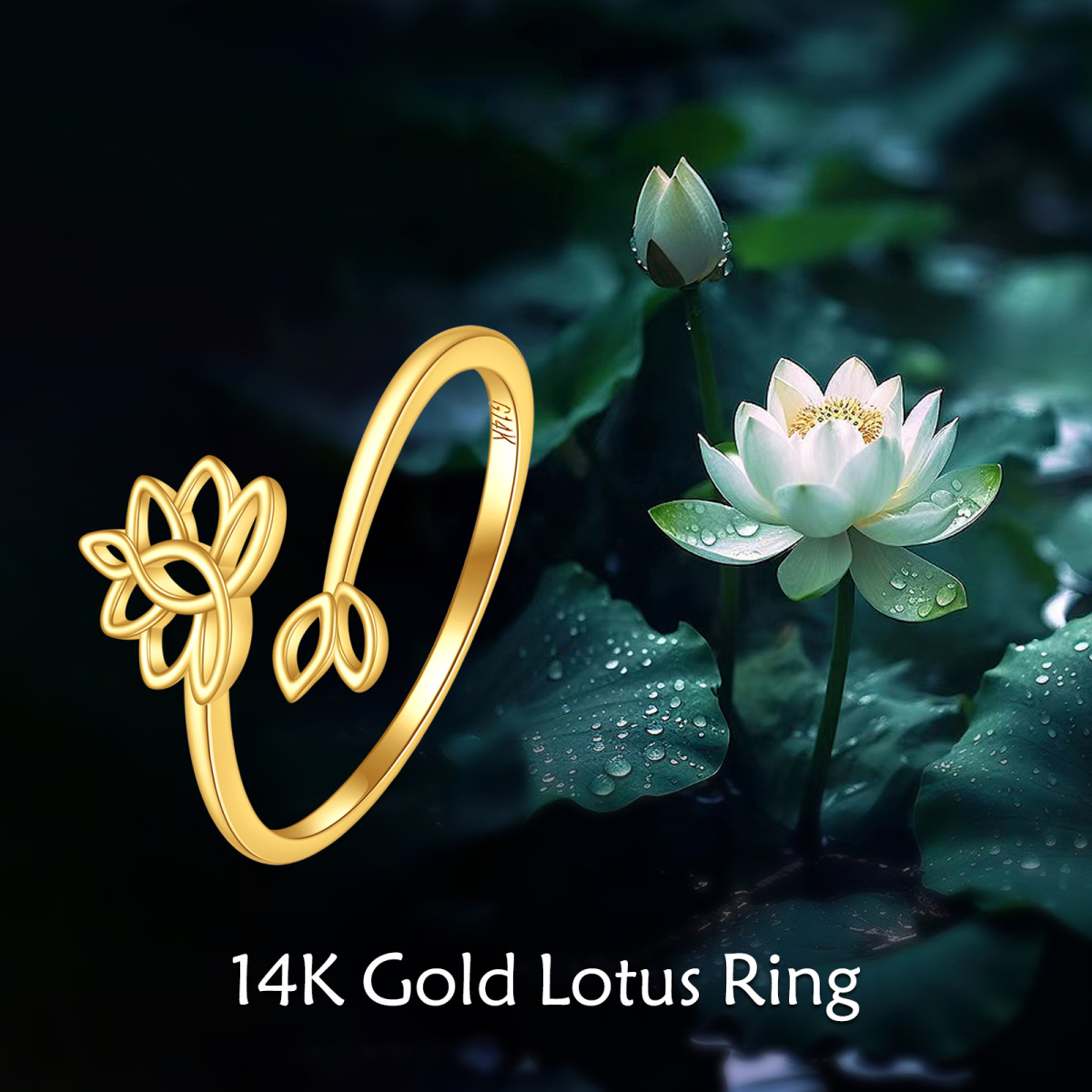 Bague ouverte en or 14 carats avec lotus-5