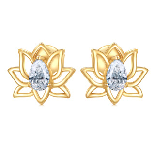 10K Gold Cubic Zirconia Lotus Stud Earrings-35