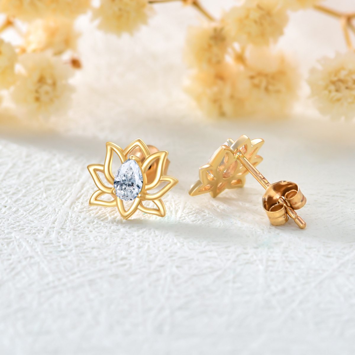 14K Gold Cubic Zirconia Lotus Stud Earrings-4