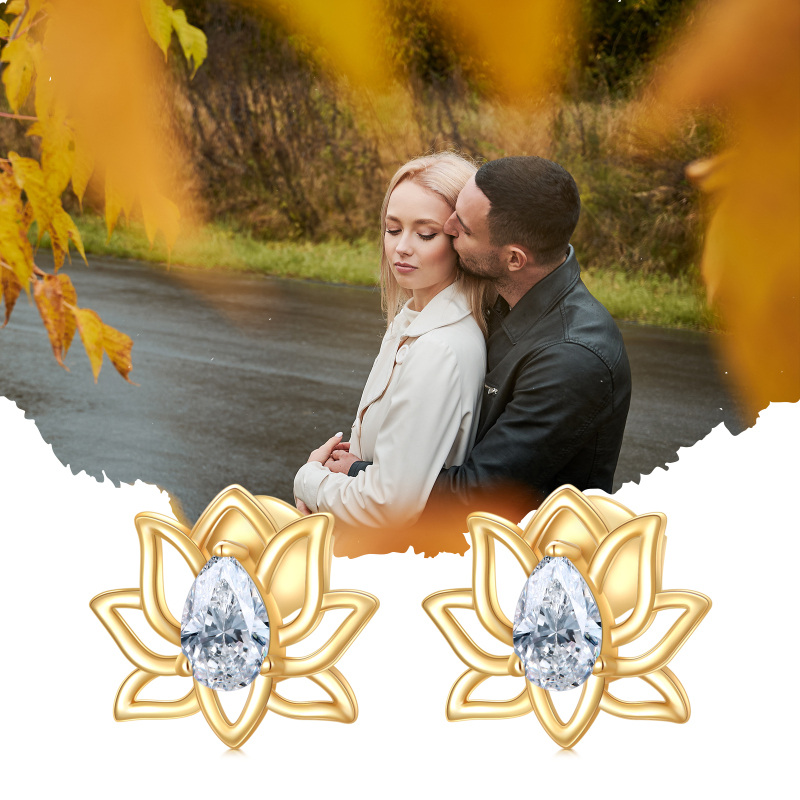 Brincos Lotus em ouro 18K com zircónias cúbicas-6