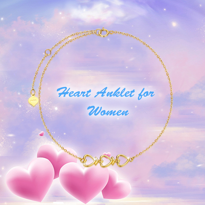 18K Gold Heart With Heart Single Layer Charm Anklet-6
