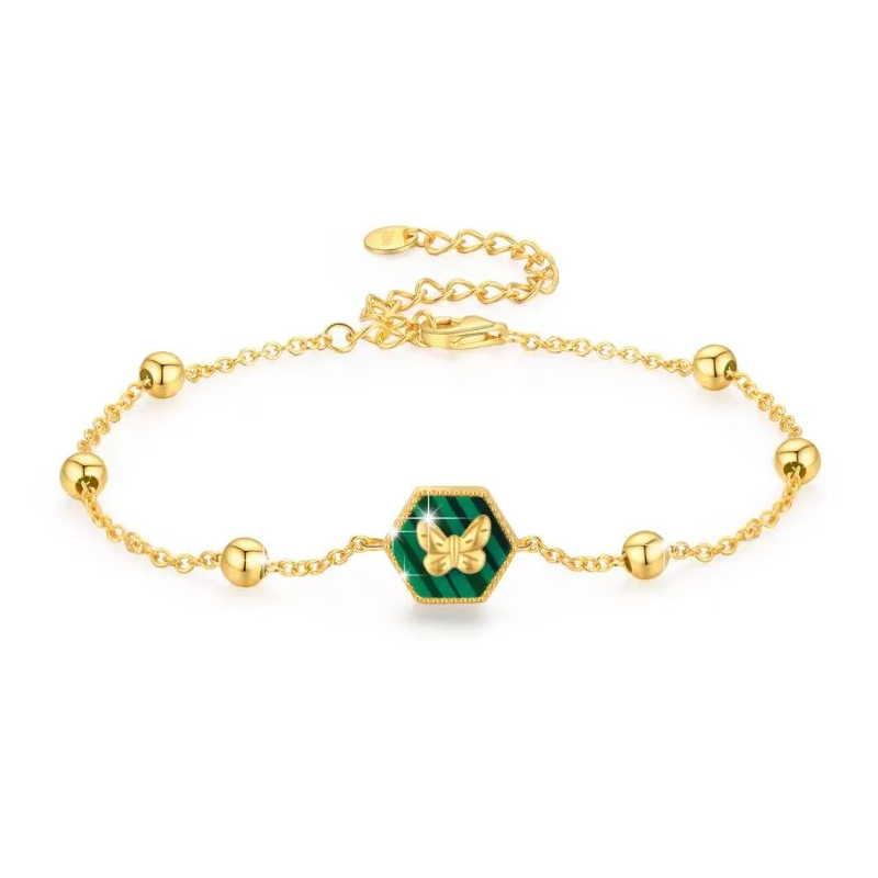 14K Gold Malachite Butterfly & Bead Bracelet for Women-1