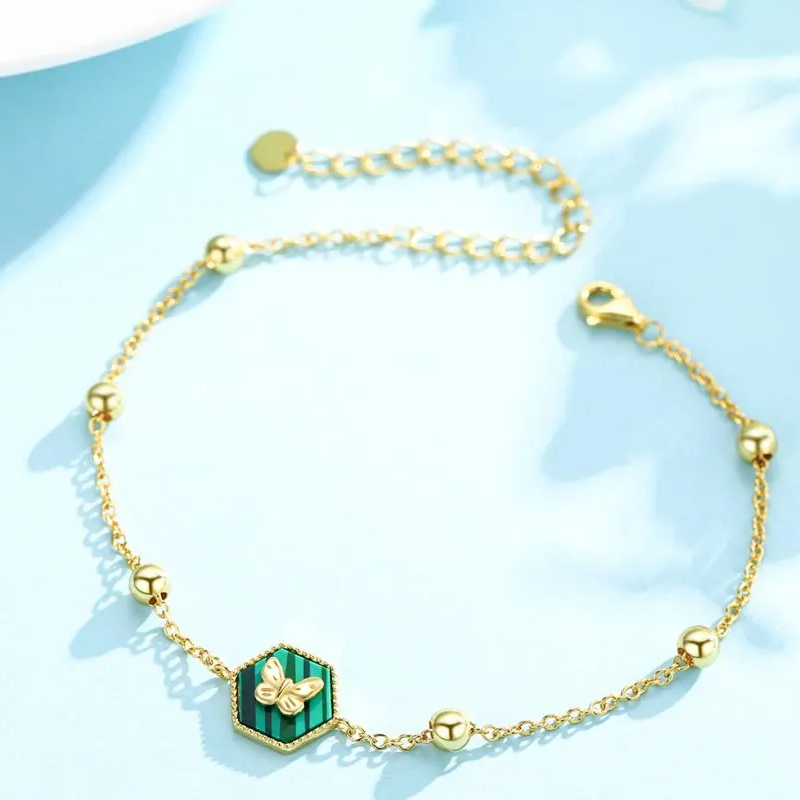 Bracelet en perles papillon en malachite en or 10 carats pour femme-2