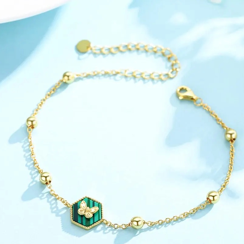 14K Gold Malachite Butterfly & Bead Bracelet for Women-2