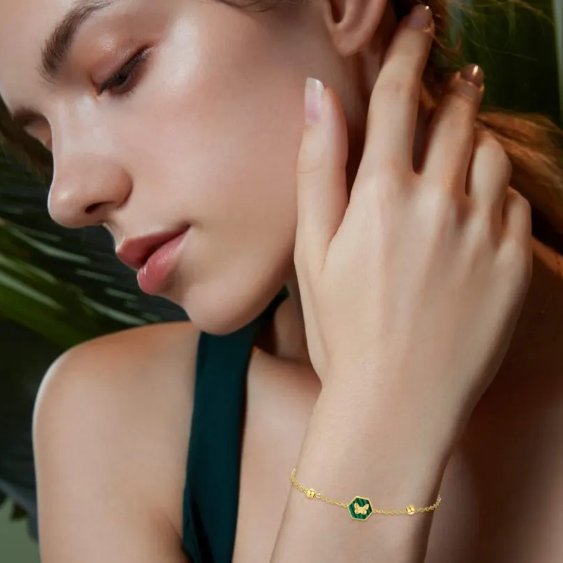 Pulsera de cuentas de mariposa de malaquita en oro de 18 quilates para mujer-3