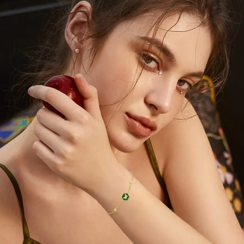 Pulsera de cuentas de mariposa de malaquita en oro de 18 quilates para mujer-4