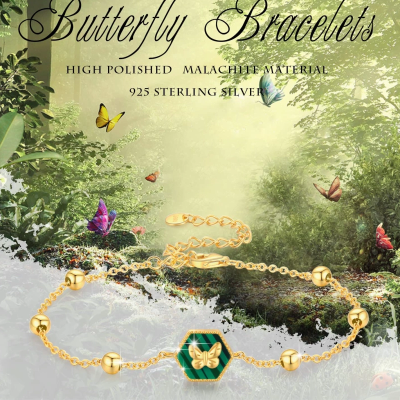 14K Gold Malachite Butterfly & Bead Bracelet for Women-5