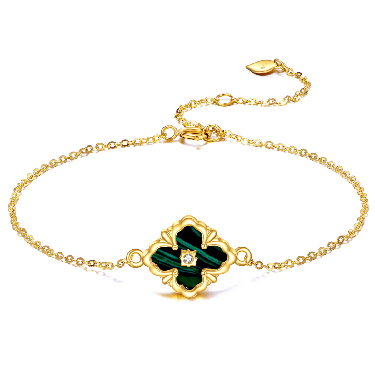 14K Gold Cubic Zirconia & Malachite Four Leaf Clover Charm Bracelet-1