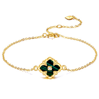 14K Gold Cubic Zirconia & Malachite Four Leaf Clover Charm Bracelet-1