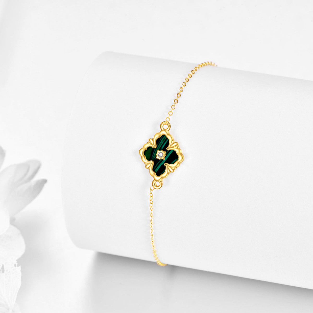 14K Gold Cubic Zirconia & Malachite Four Leaf Clover Charm Bracelet-3
