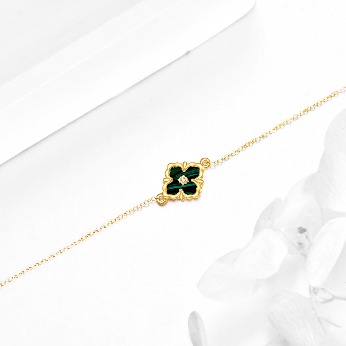 14K Gold Cubic Zirconia & Malachite Four Leaf Clover Charm Bracelet-4