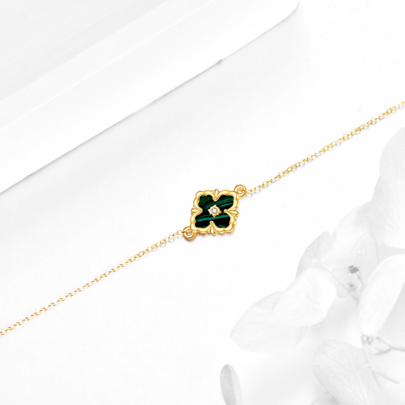 Pulsera con dije de trébol de cuatro hojas de oro de 14 quilates, circonita cúbica y malaquita-4