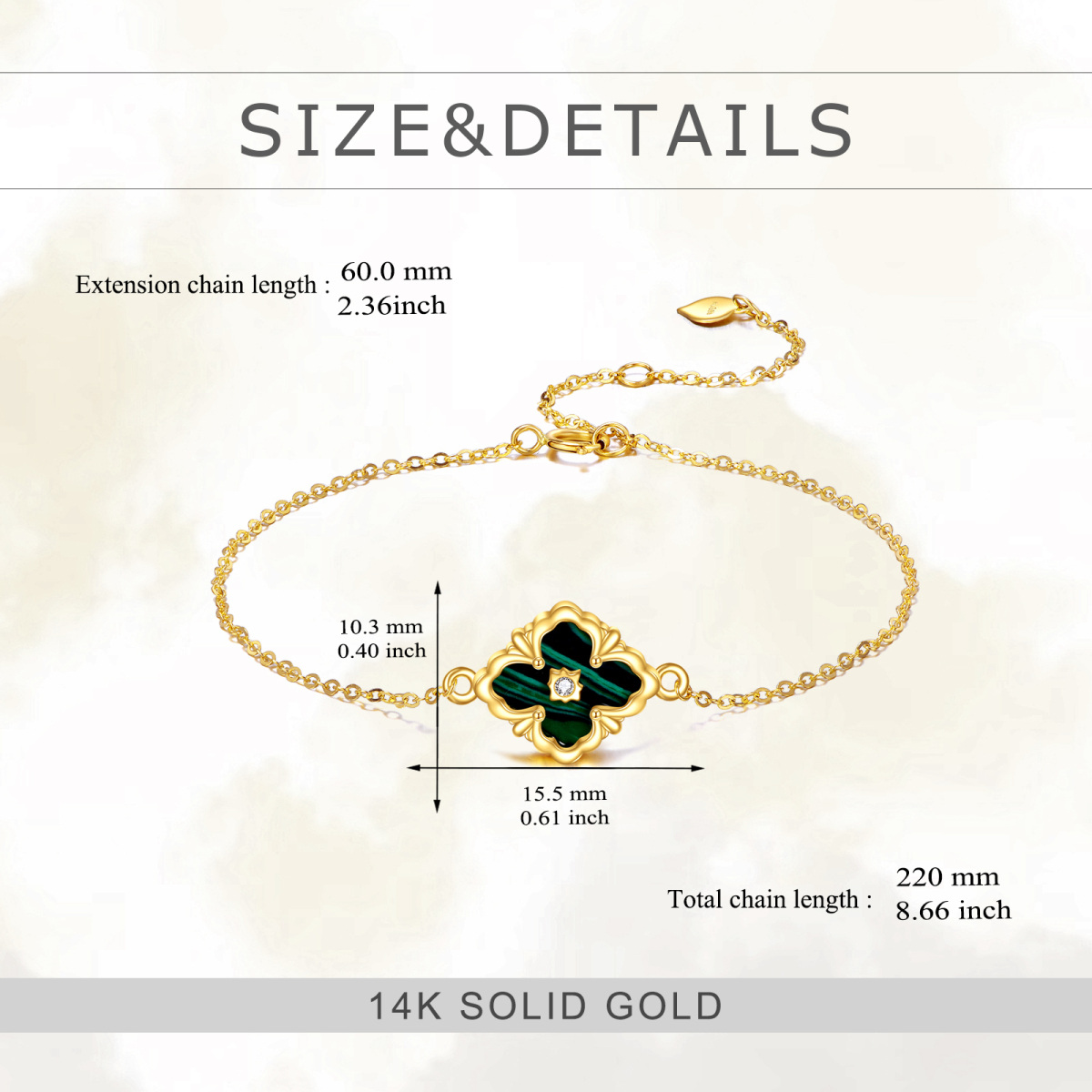 14K Gold Cubic Zirconia & Malachite Four Leaf Clover Charm Bracelet-5