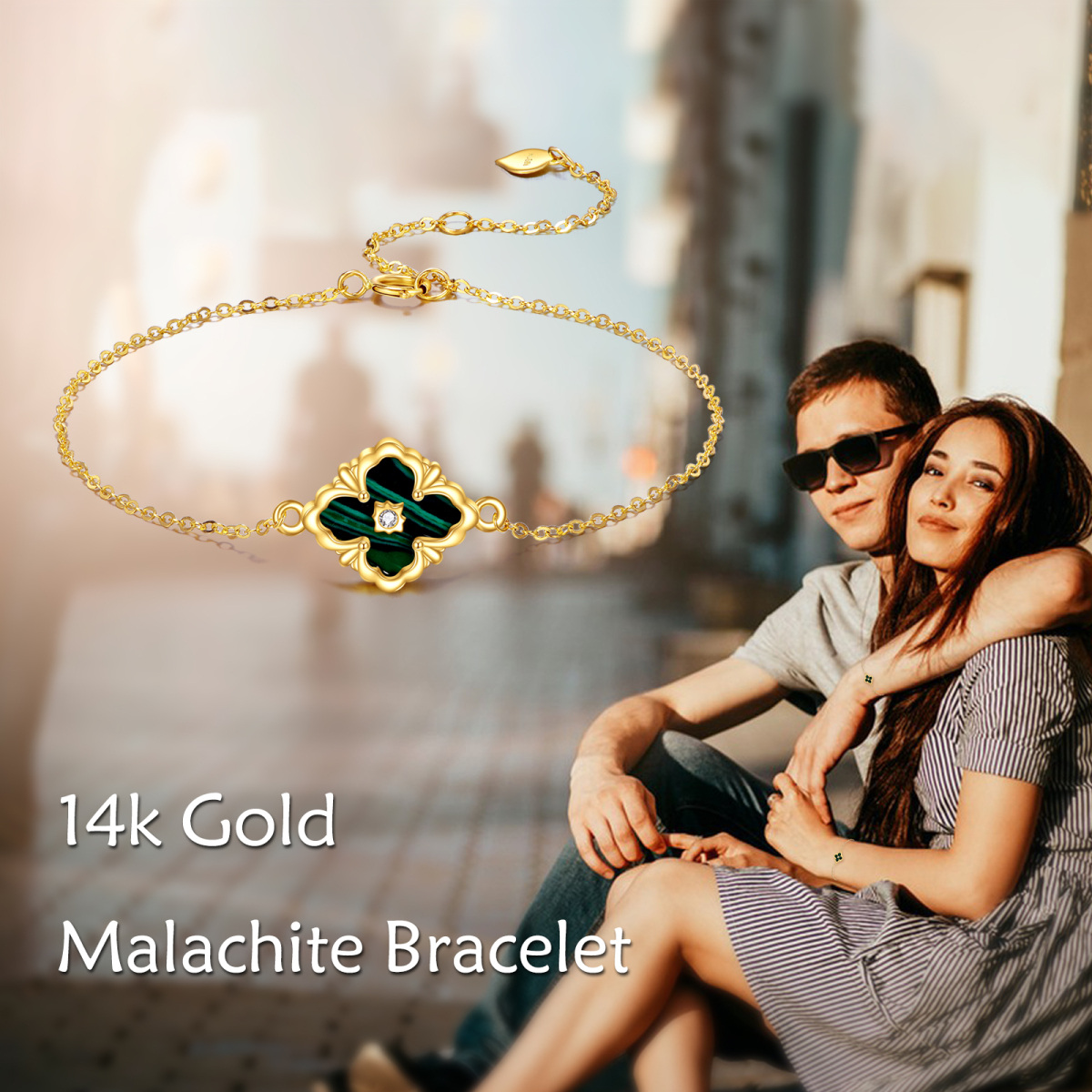 14K Gold Cubic Zirconia & Malachite Four Leaf Clover Charm Bracelet-6