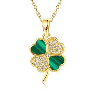 10K Gold Cubic Zirconia & Malachite Four Leaf Clover Pendant Necklace-16