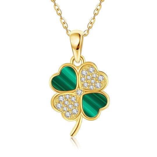 Collana con pendente a forma di quadrifoglio in malachite e zirconi cubici in oro 14 carati