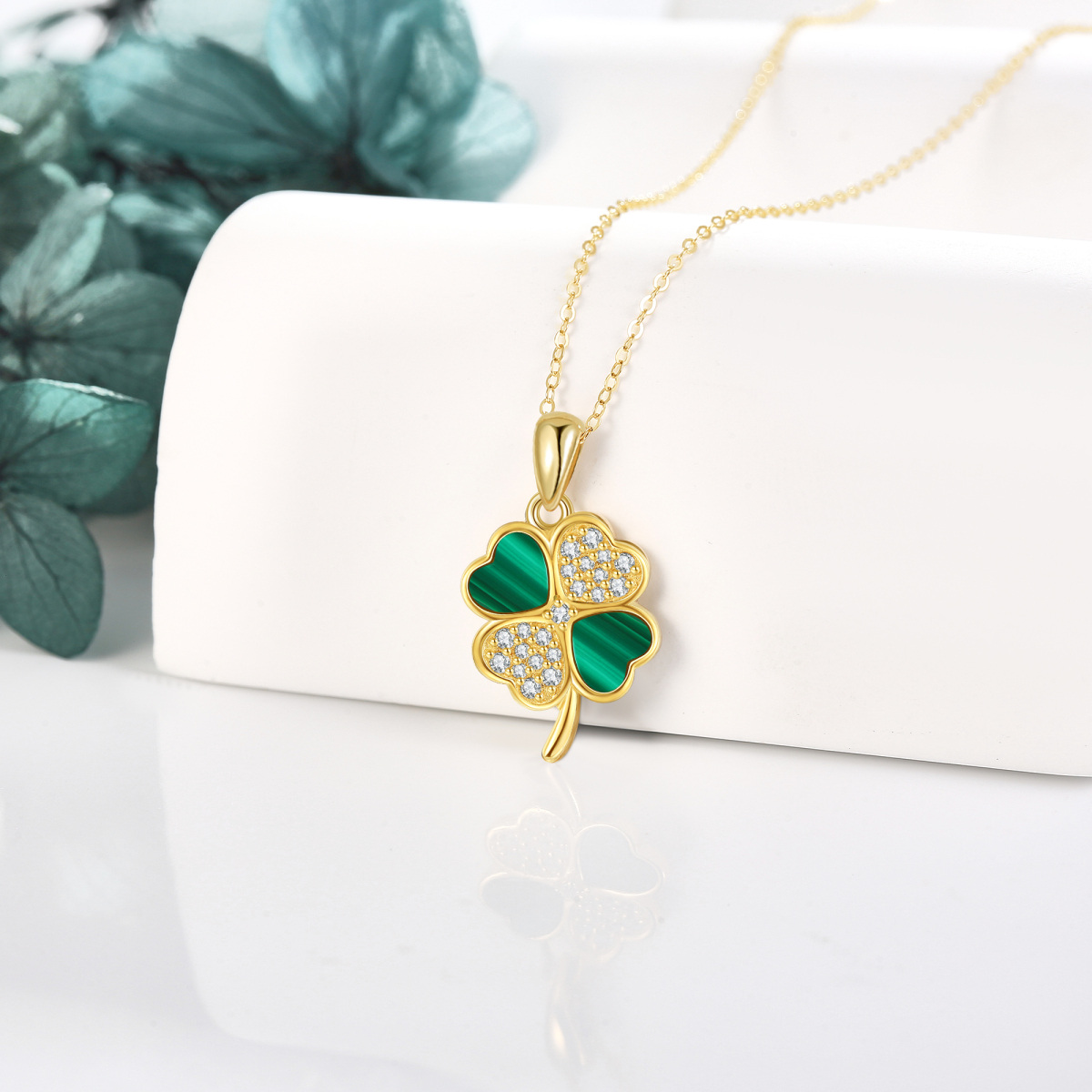 14K Gold Cubic Zirconia & Malachite Four Leaf Clover Pendant Necklace-3