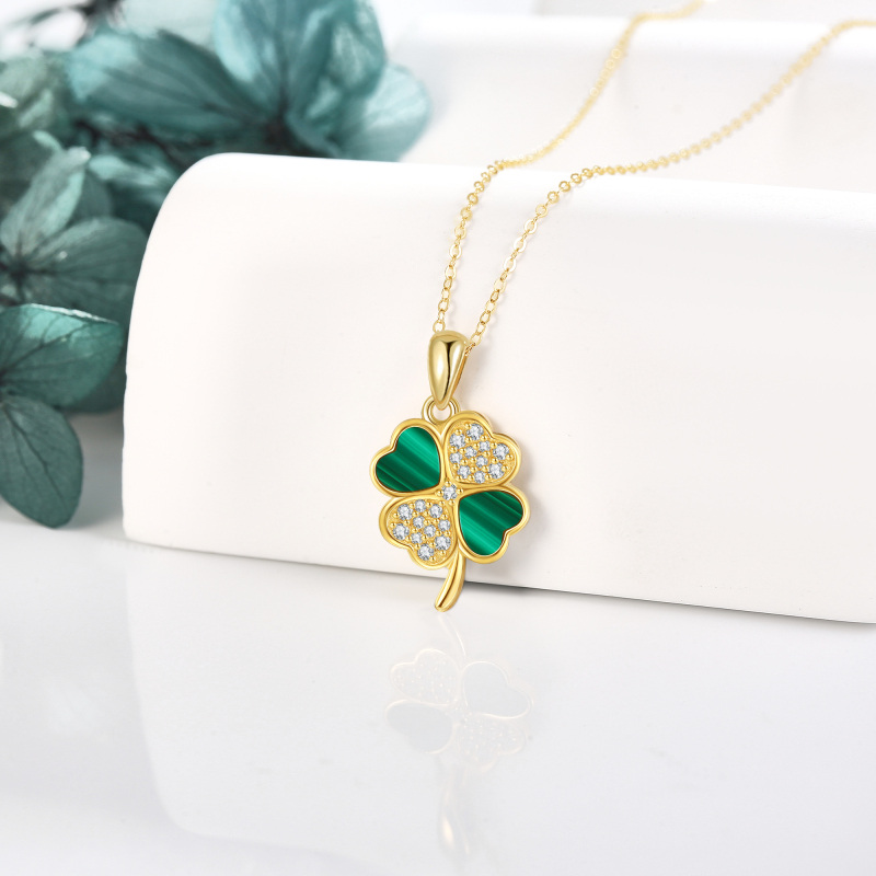 10K Gold Cubic Zirconia & Malachite Four Leaf Clover Pendant Necklace-3