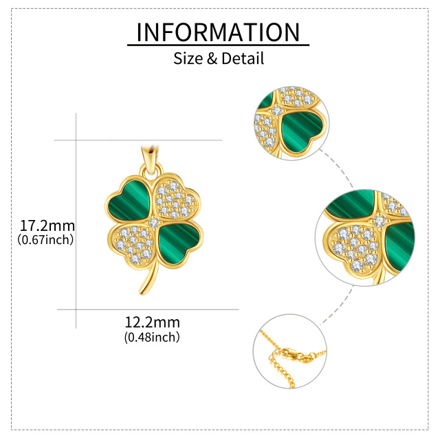 Collana con pendente a forma di quadrifoglio in malachite e zirconi cubici in oro 14 carati-5