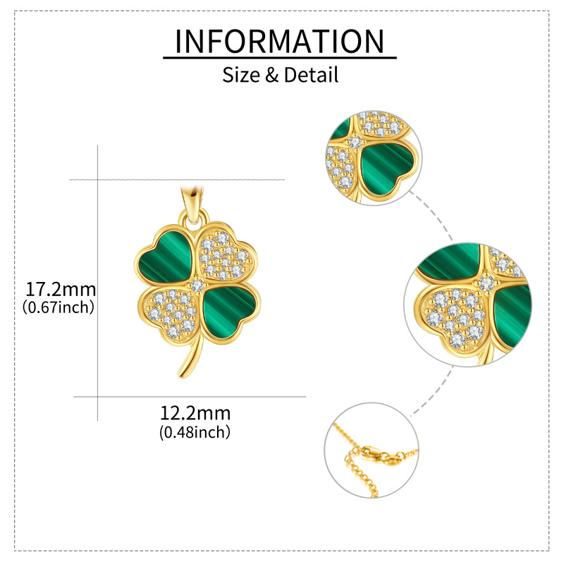 10K Gold Cubic Zirconia & Malachite Four Leaf Clover Pendant Necklace-5