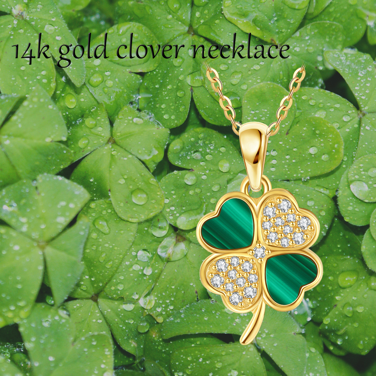 14K Gold Cubic Zirconia & Malachite Four Leaf Clover Pendant Necklace-6