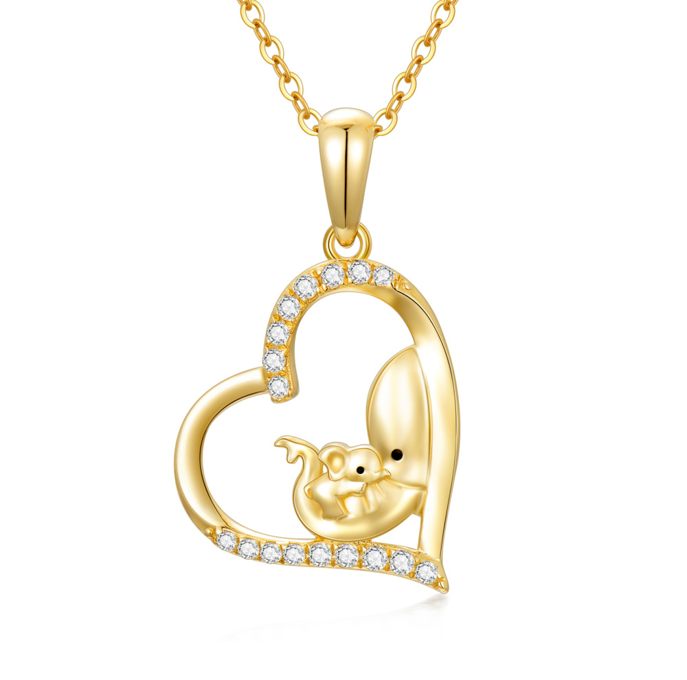 10K Gold Cubic Zirconia Mama Elephant & Heart Pendant Necklace-1