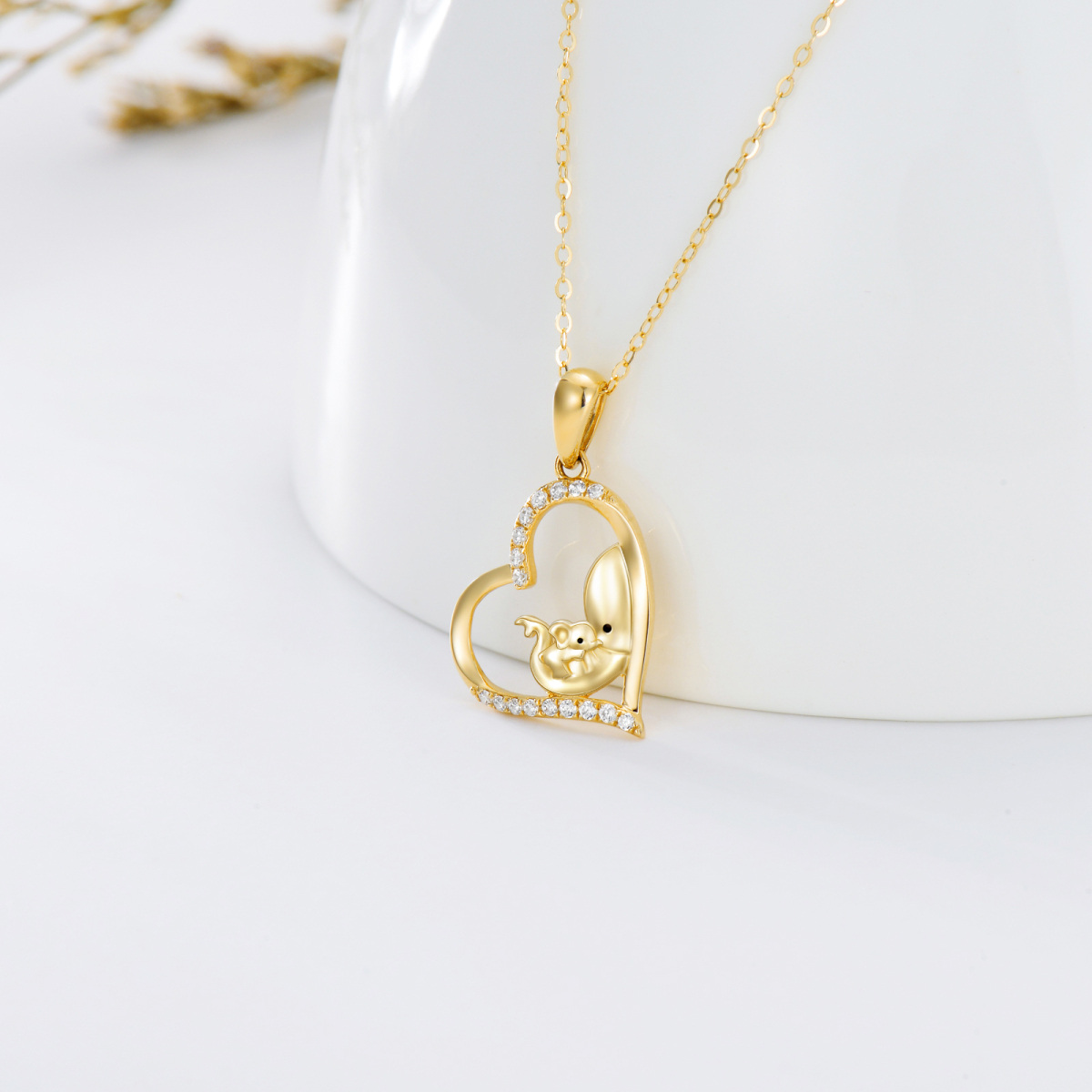 14K Gold Cubic Zirkonia Mama Elefant & Herz-Anhänger Halskette-3