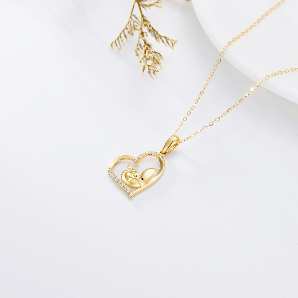 10K Gold Cubic Zirconia Mama Elephant & Heart Pendant Necklace-4