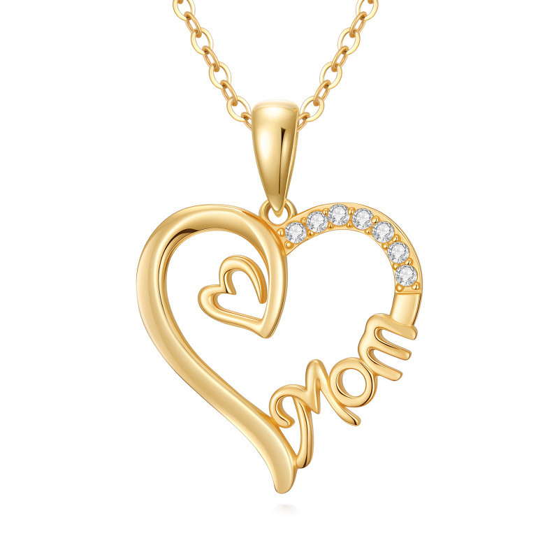 Collar con colgante de corazón y mamá de circonio cúbico en oro de 14 quilates-1