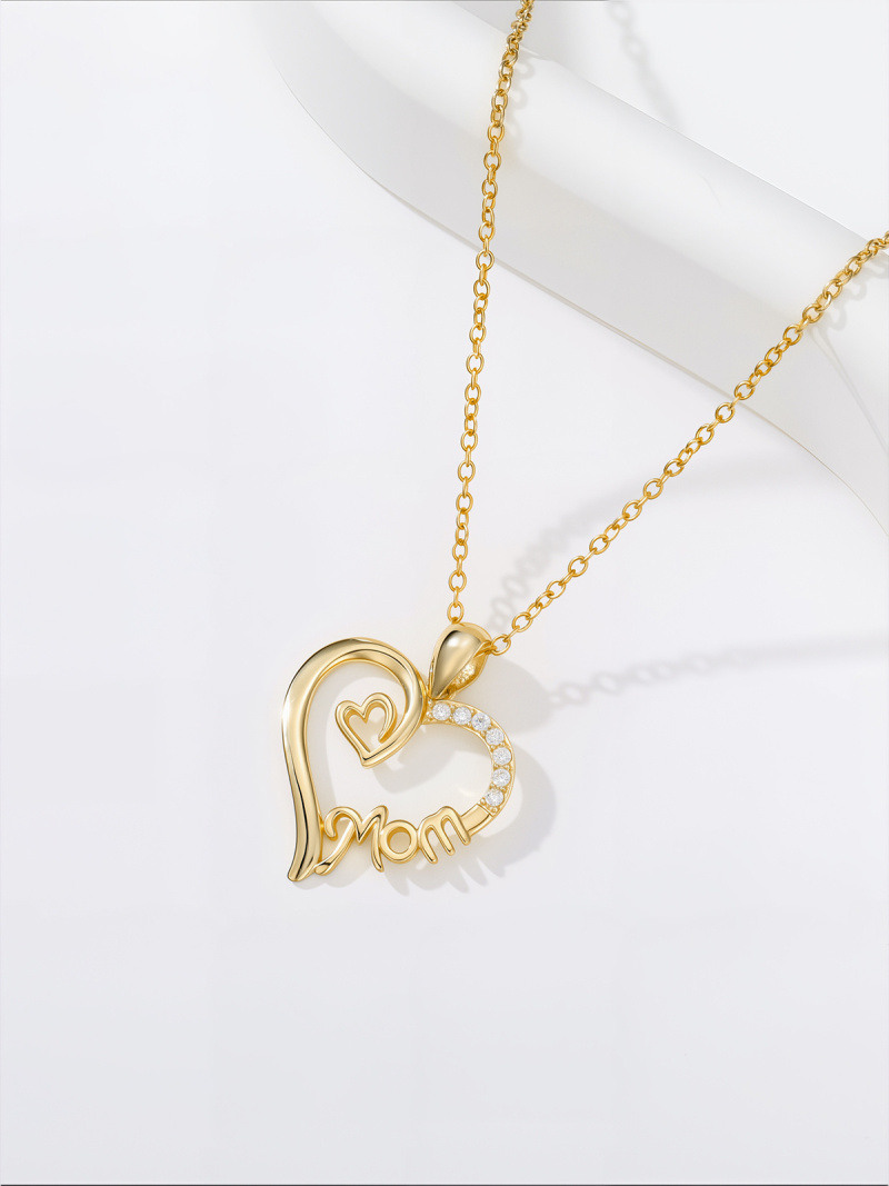 Collar con colgante de corazón y mamá de circonio cúbico en oro de 14 quilates-3