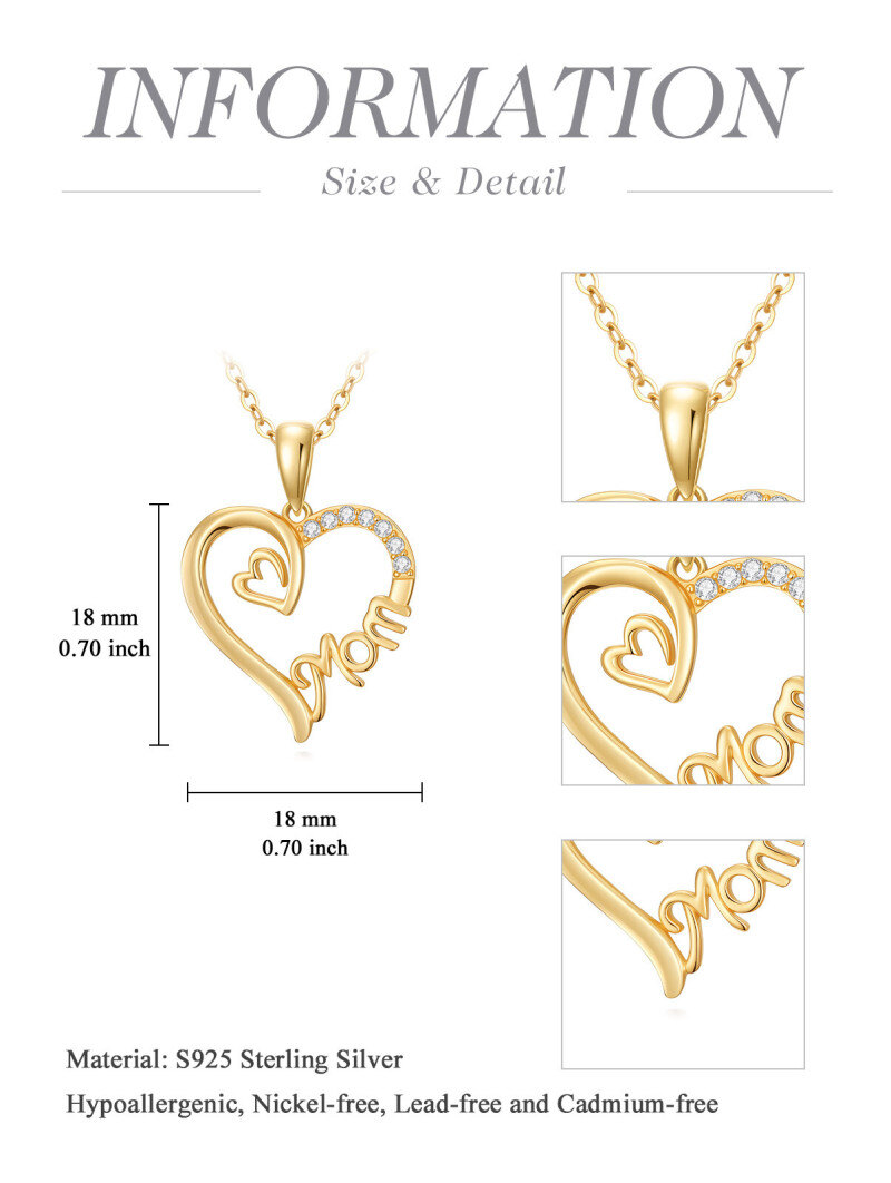 Collar con colgante de corazón y mamá de circonio cúbico en oro de 14 quilates-5