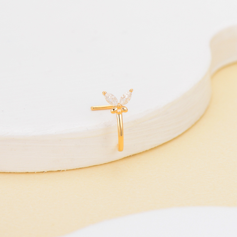 Pierścień do nosa w kształcie motyla z moissanitu szlifu markizowego 10K z białego złota-3