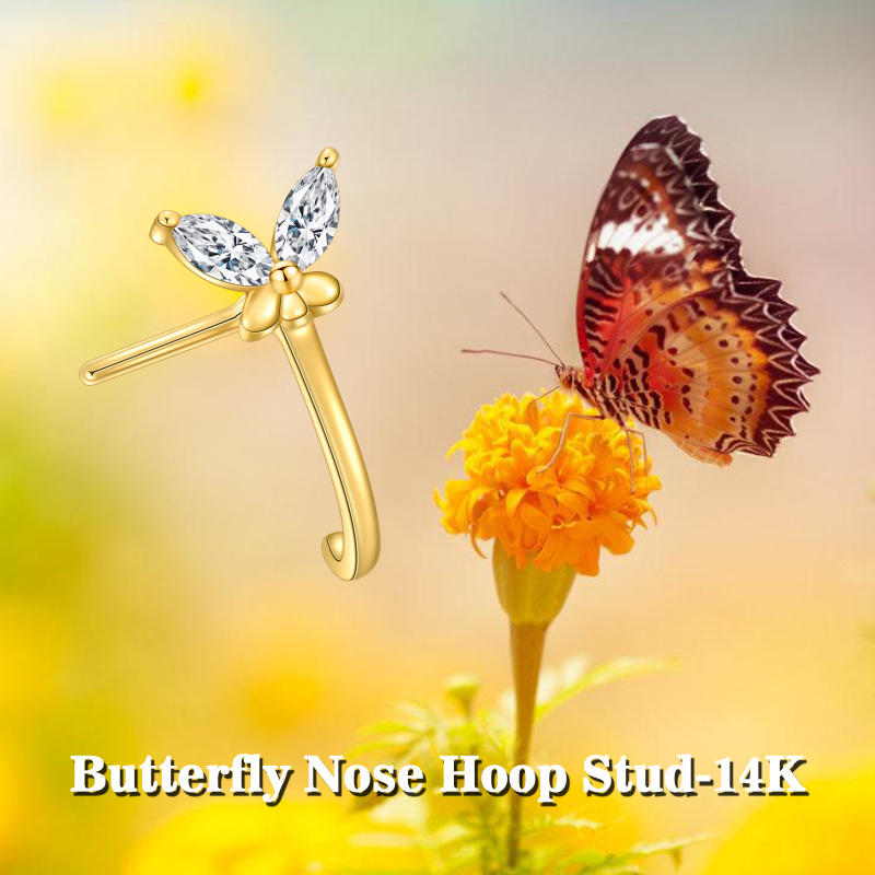 Pierścień do nosa w kształcie motyla z moissanitu szlifu markizowego 10K z białego złota-6